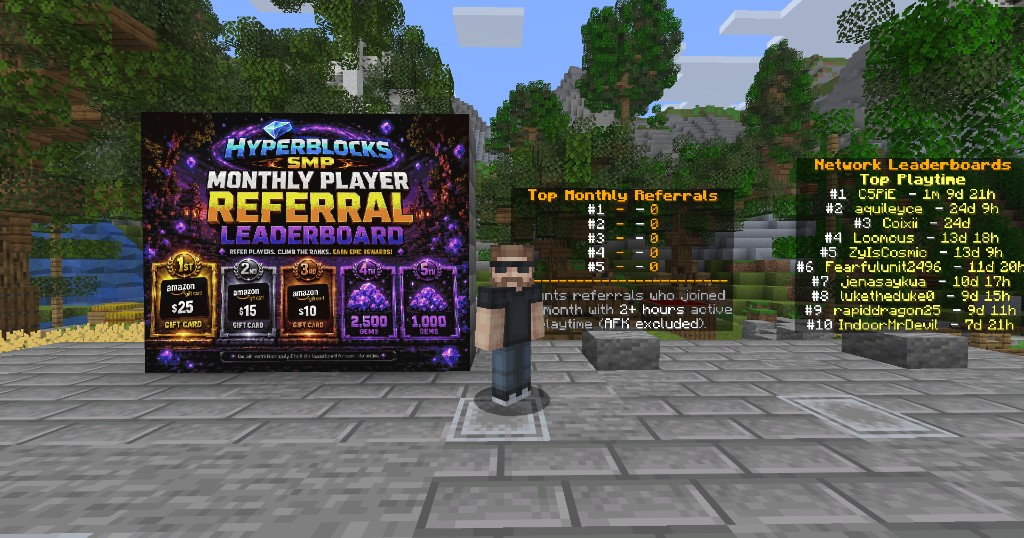 Monthly Referral Leaderboard hub in-game — prize billboard and live rankings