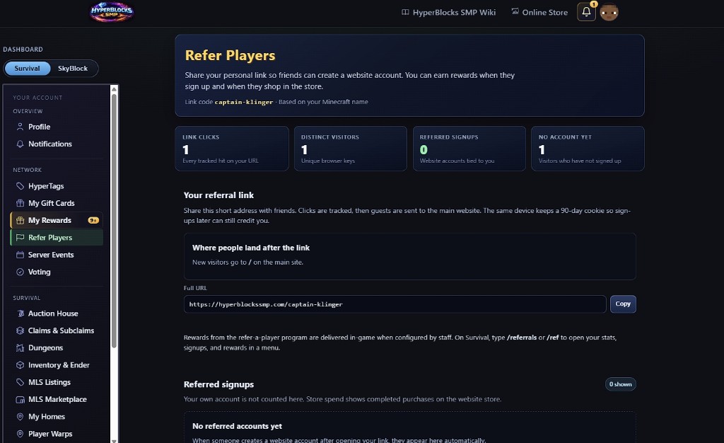 Refer Players dashboard on HyperBlocksSMP.com — your link, stats, and signups