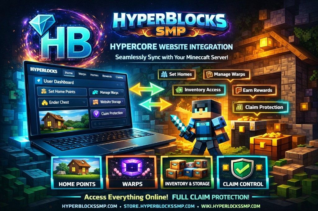 HyperCore website integration: user dashboard on a laptop, Minecraft character, and glowing feature buttons for homes, warps, inventory, rewards, and claim protection.