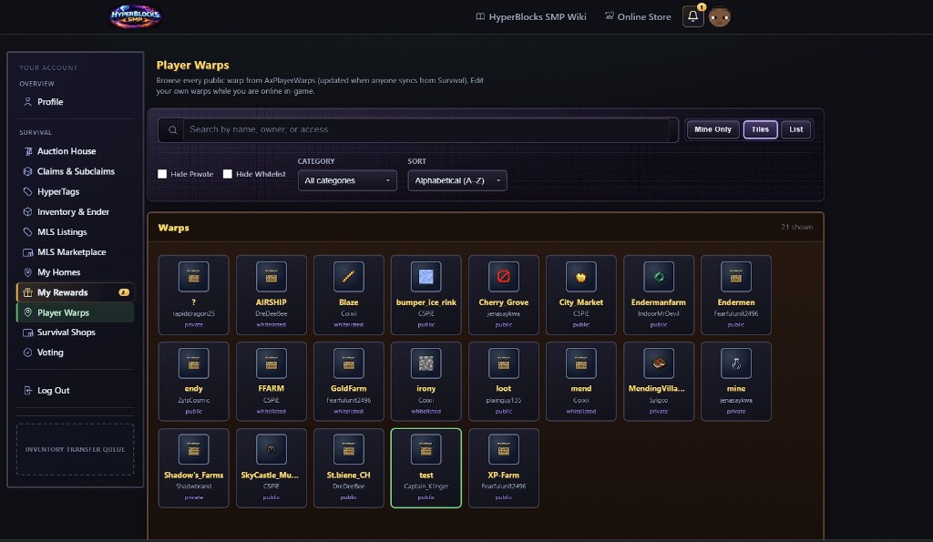 Account Player Warps page showing a grid of warp tiles with search and filters.