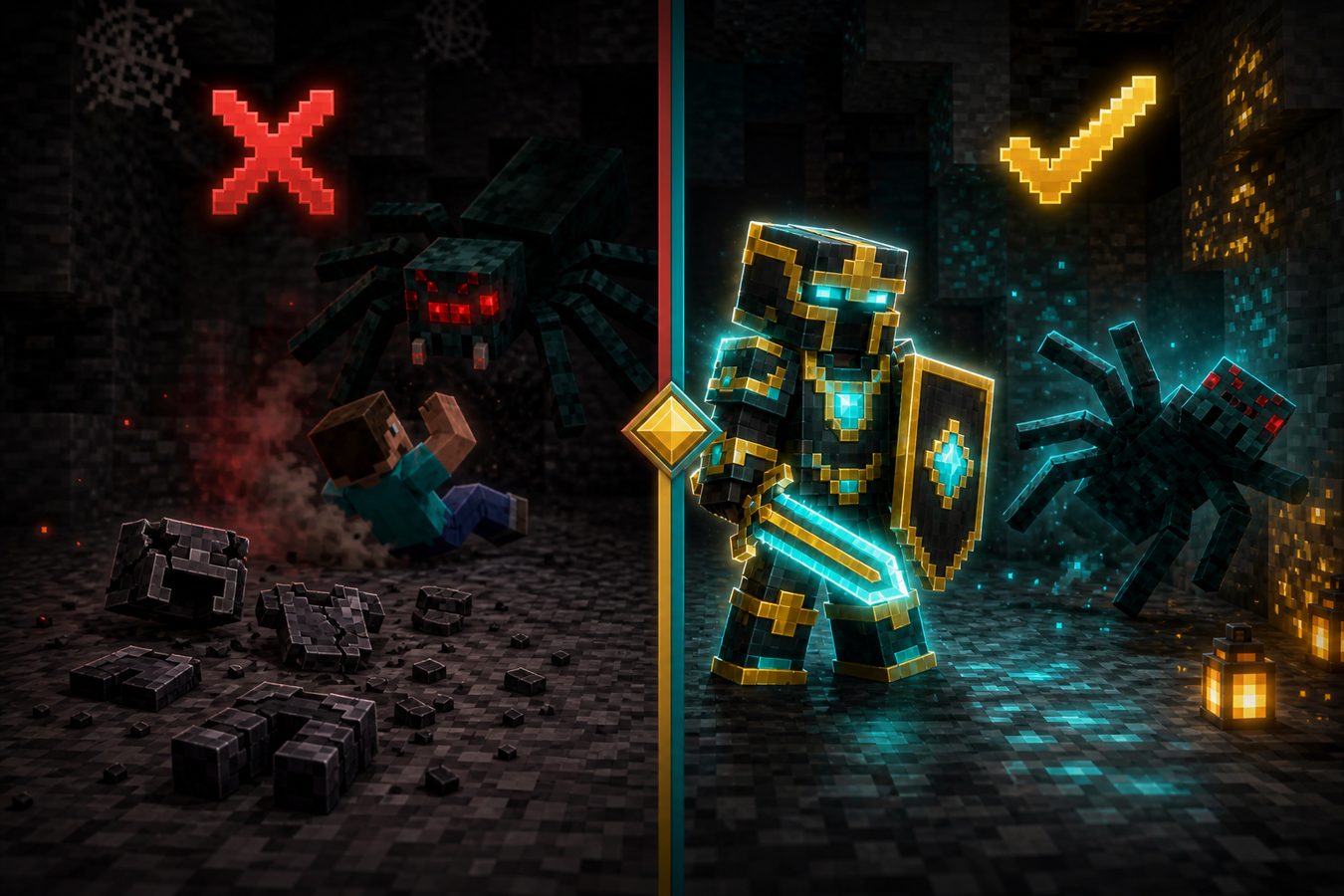 Netherite Armor Shattered on the Left, Elite Armor Standing Firm Against a Cave Spider Elite on the Right